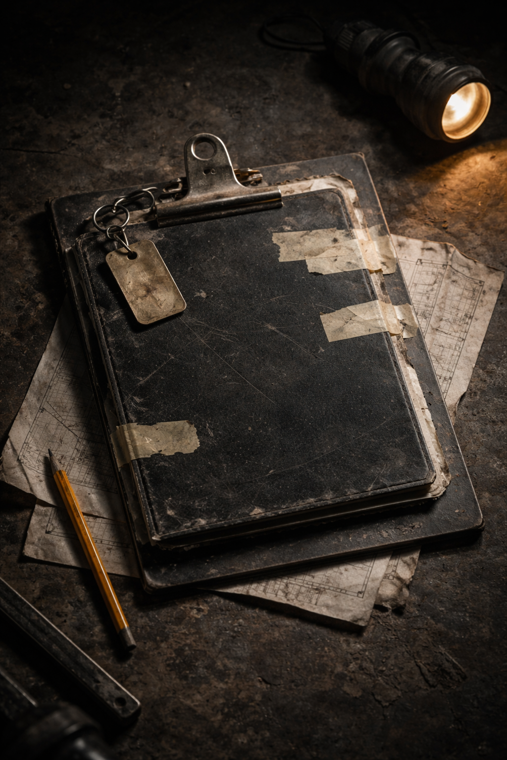 A battered black field manual clipped over blueprints under a flashlight.