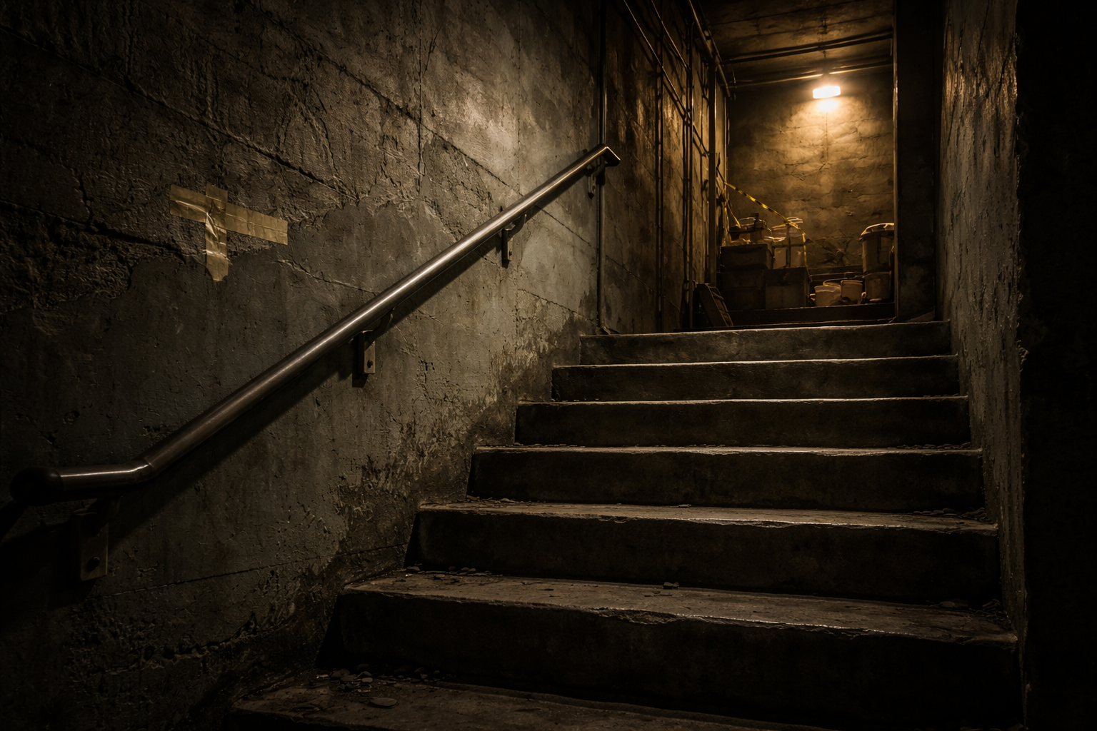 A dim concrete stairwell with a handrail and light at the top.